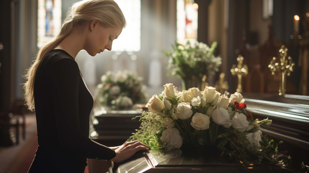 Woman in a church, head bowed near a casket adorned with white roses
